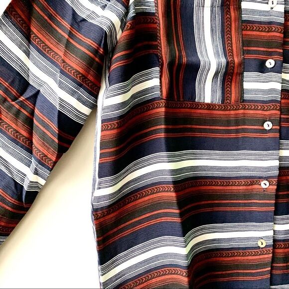 NWT Entro Rust Navy Blue Striped Spliced Back V Neck Long Sleeve Button Up Top - Picture 3 of 8